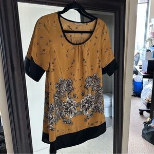 Floral Mustard and Black Satin like  Women's Tunic Top / Mini Dress